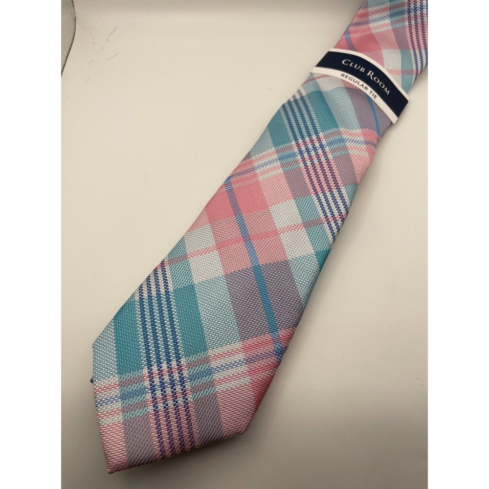 Club Room Mens Austine Plaid Regular Tie Powder Pink Teal White Woven Necktie